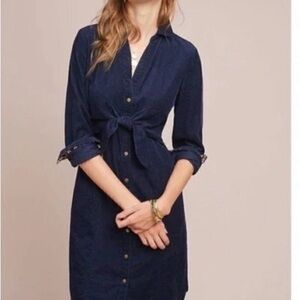 Maeve Navy Corduroy  Button-Front Tie-Waist Midi Dress